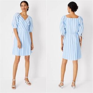 Ann Taylor Striped Puff Sleeve Wrap Dress